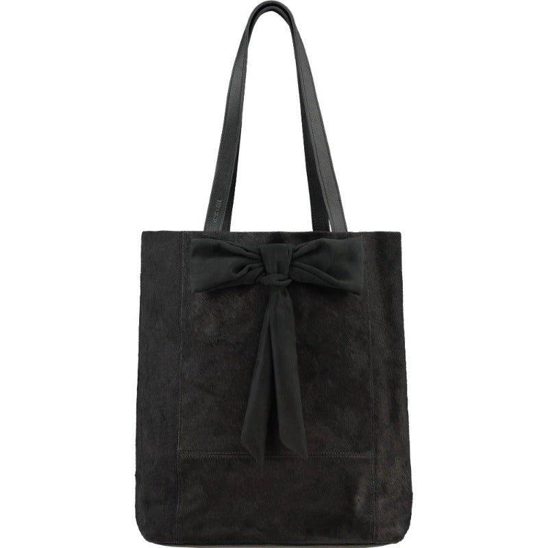 Черная кожаная большая сумка из телячьего волоса с бантом | ПОКА Sostter, черный фото