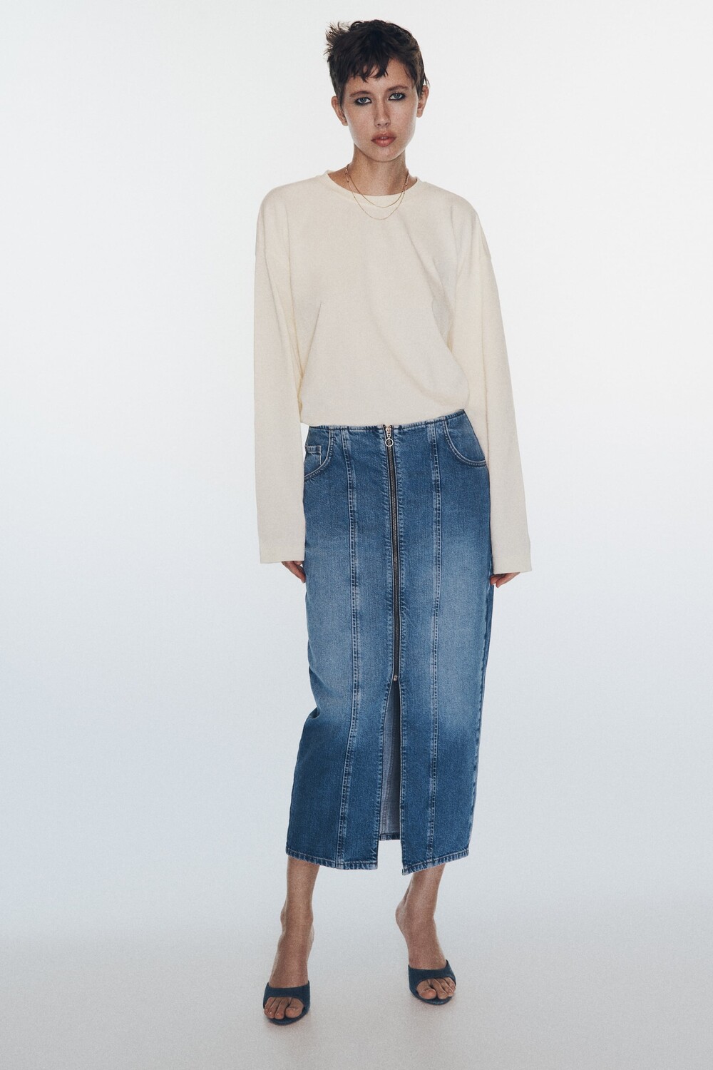 

Z1975 джинсовая юбка миди с молнией Zara, средне-синий