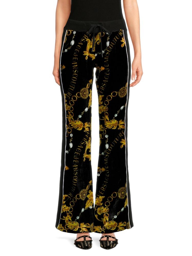 

Бархатные брюки с высокой посадкой и логотипом Versace, цвет Black Gold