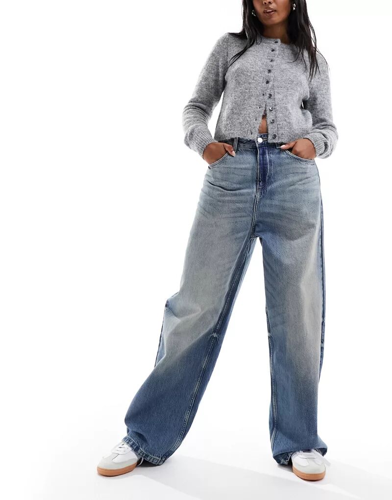 Суперширокие джинсы Bershka темно-синего цвета с завышенной талией