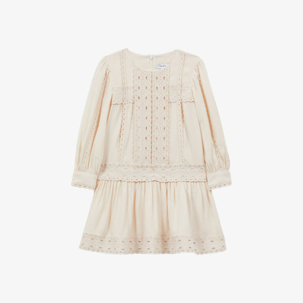 

Тканое мини-платье Tavi с кружевной вышивкой 4–14 лет Reiss, слоновая кость