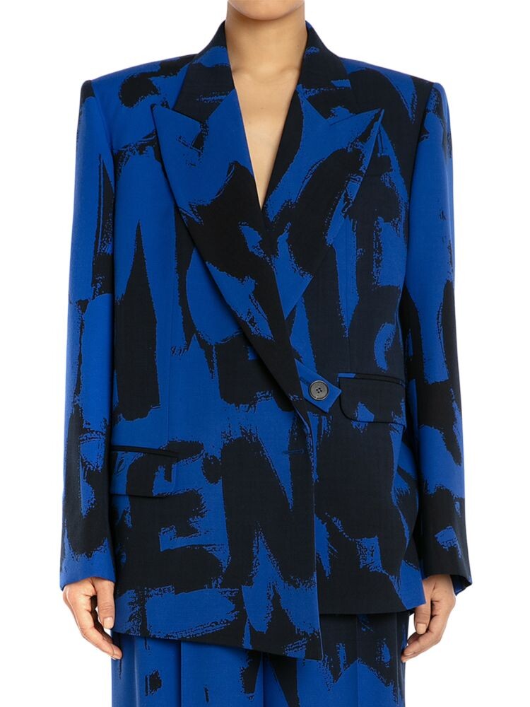 

Асимметричный блейзер с запахом и логотипом в стиле граффити Alexander Mcqueen, цвет Electric Blue