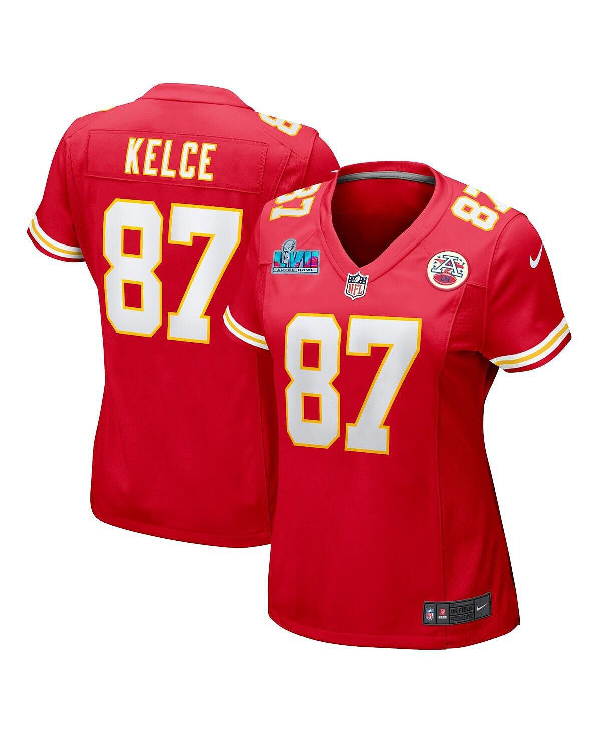 

Женская красная футболка с нашивкой Travis Kelce Kansas City Chiefs Super Bowl LVII Game Джерси Nike, красный