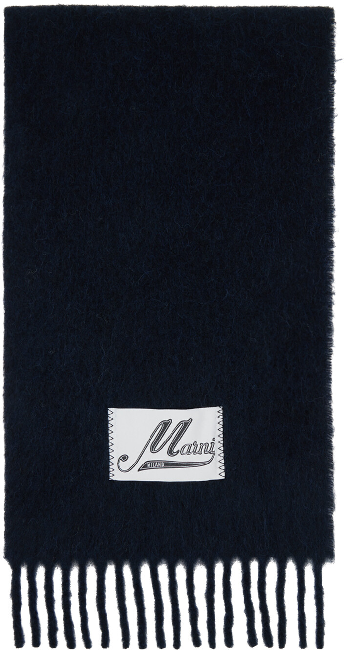

Темно-синий шарф с логотипом из брашированной альпаки Marni, цвет Blue/Black
