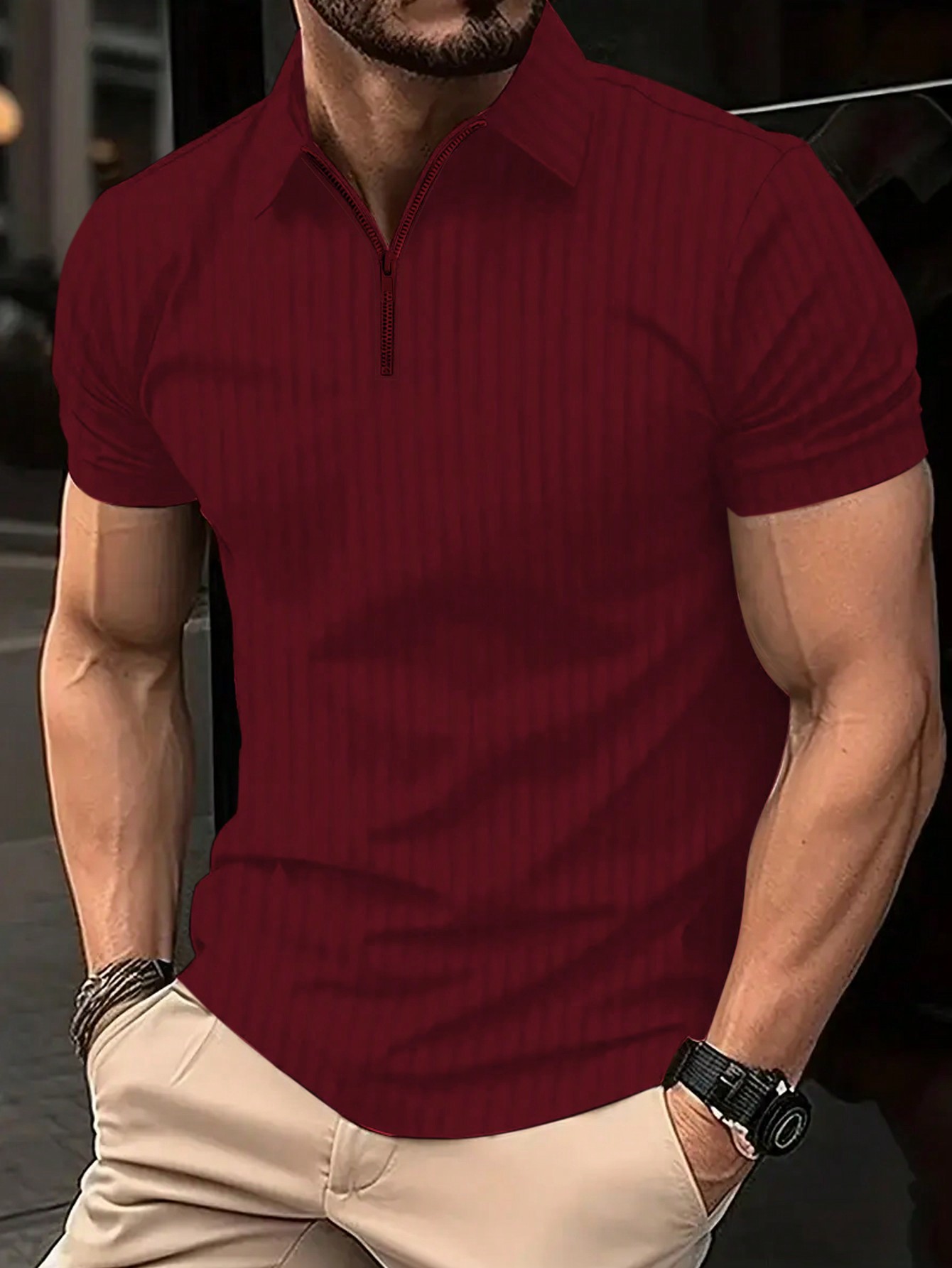 Мужская полосатая рубашка-поло с молнией до половины и короткими рукавами Manfinity Homme больших размеров, бургундия