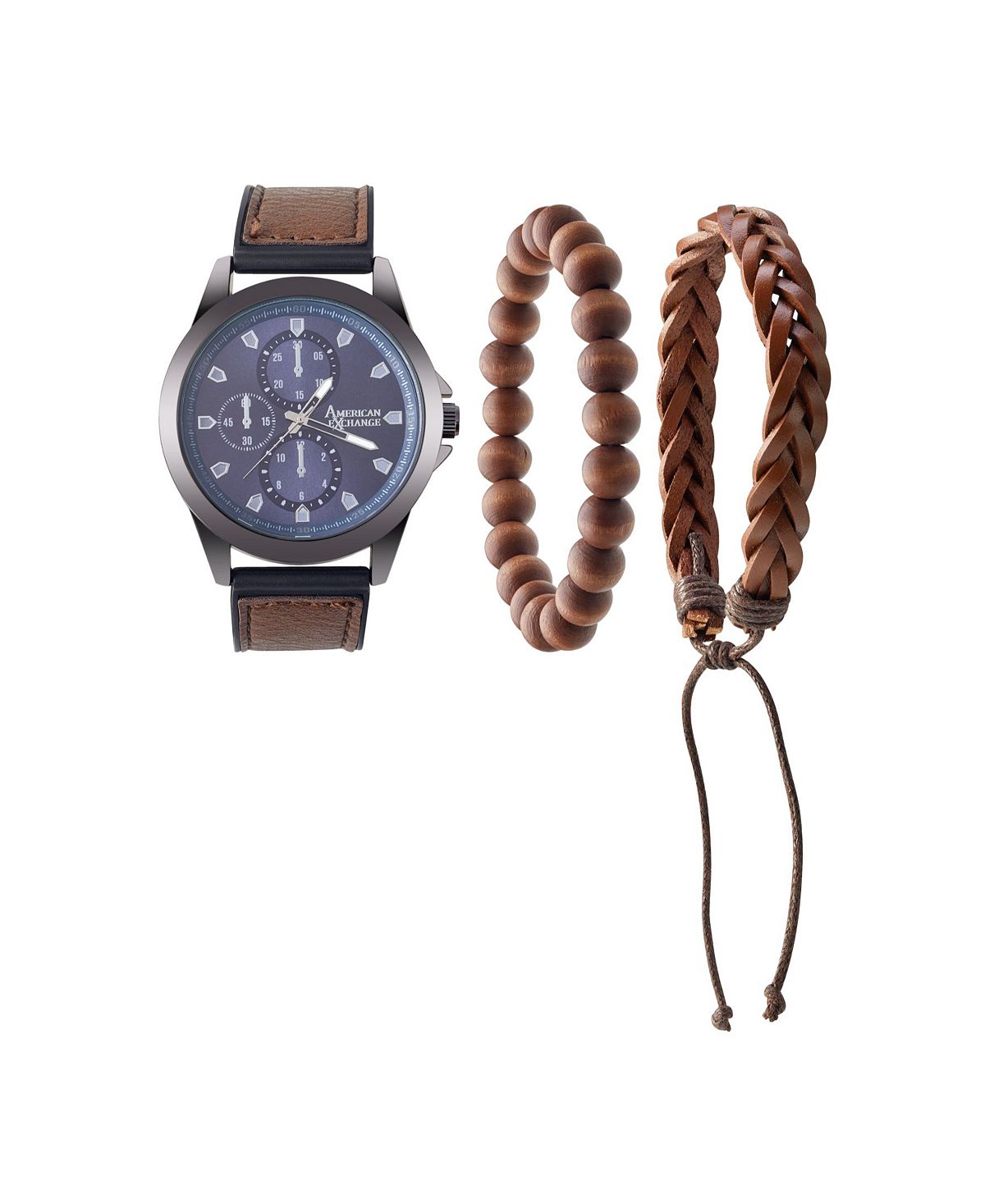 Мужские аналоговые часы из коричневой кожи с кварцевым механизмом, 47 мм, комплект из штабелируемого браслета и чехла на молнии American Exchange