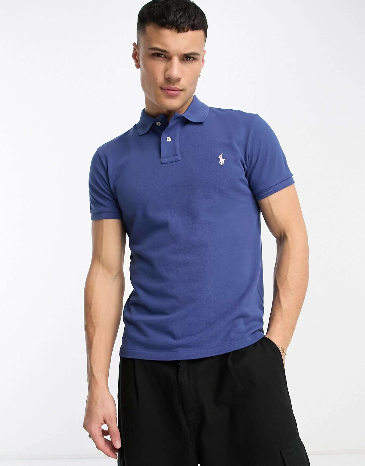 

Синяя рубашка-поло узкого кроя из пике с логотипом Polo Ralph Lauren
