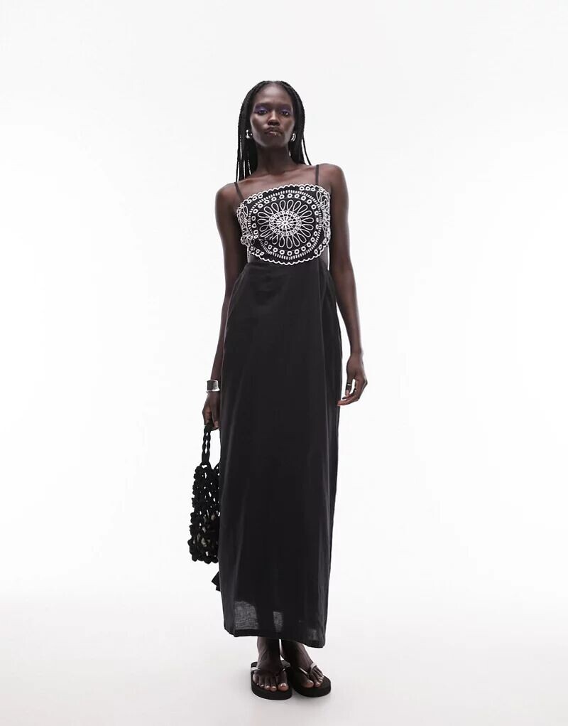 

Черное льняное платье миди Topshop Broderie Anglaise