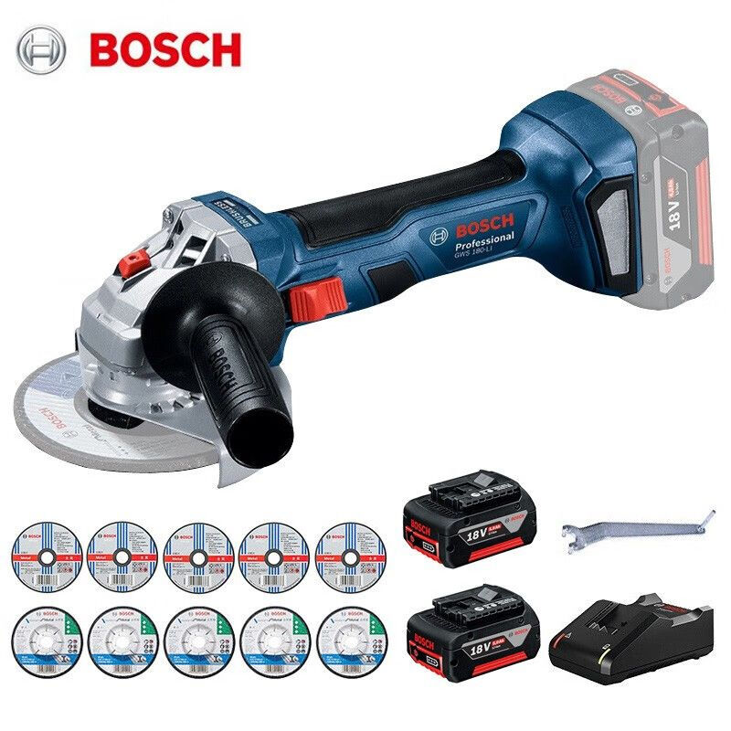 Угловая шлифовальная машина Bosch GWS180-Li + два аккумулятора и насадки