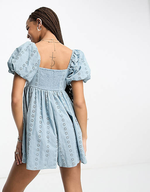 

Синий комбинезон с объемными рукавами ASOS DESIGN Broderie