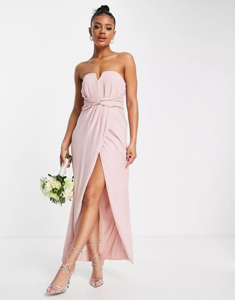 цена Длинное розовато-лиловое платье подружки невесты TFNC с вырезом без бретелек, запахом и бантом на спине