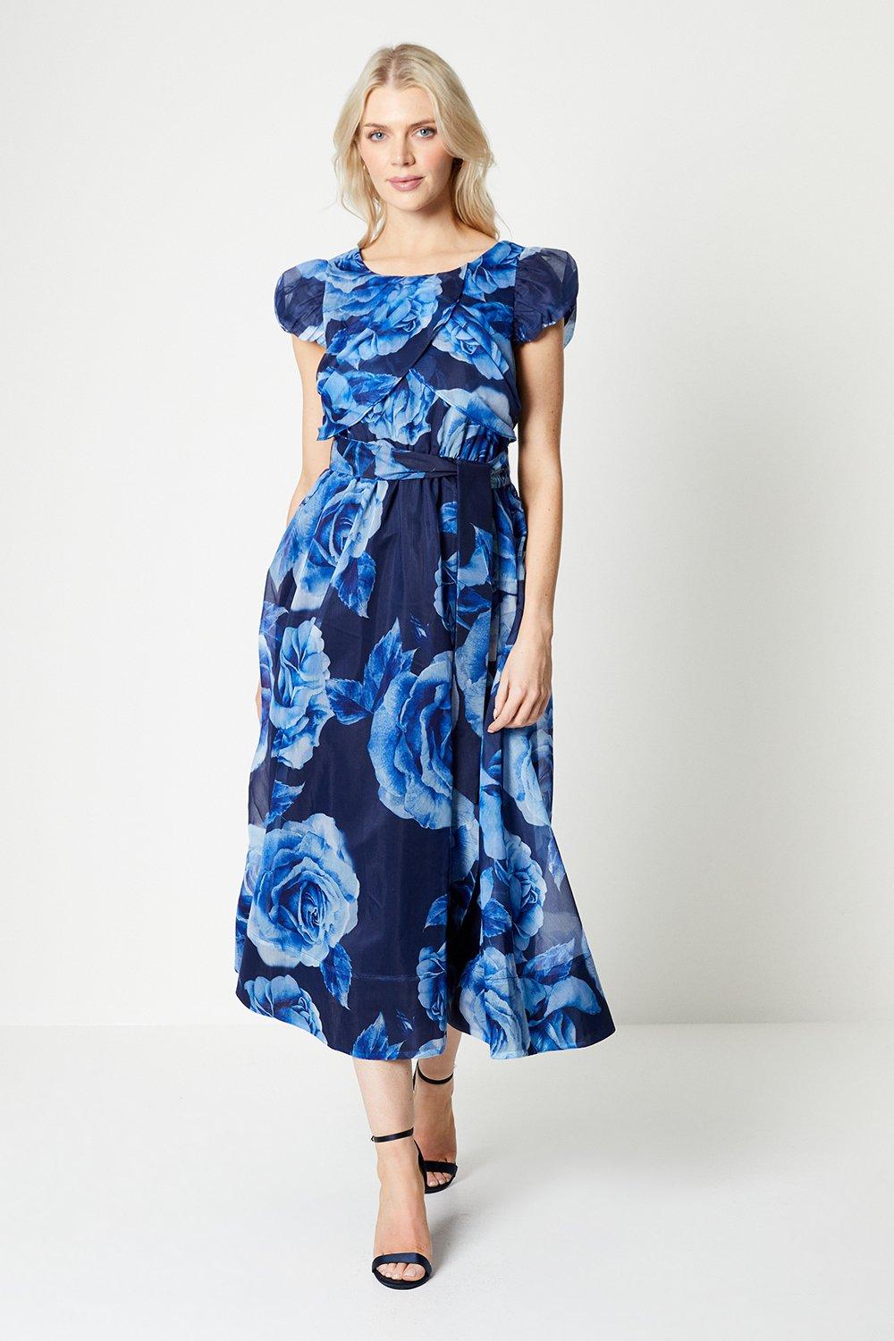 Платье миди из органзы с объемными рукавами и запахом Coast, синий