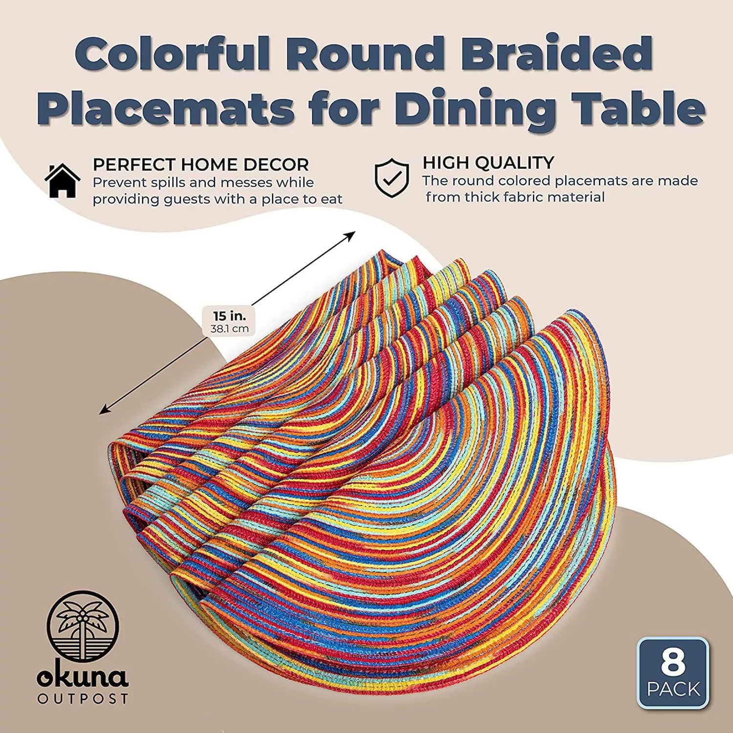 Красочные круглые плетеные салфетки для обеденного стола (15 дюймов, 8 шт.)