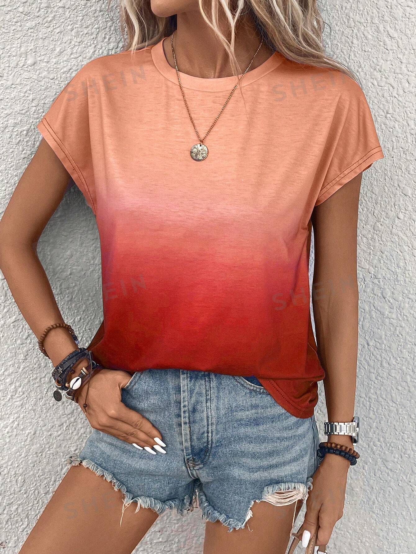 SHEIN LUNE Женская футболка с рукавами «летучая мышь» и омбре тай-дай, апельсин