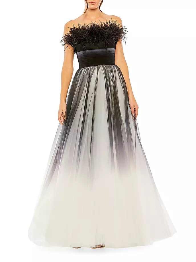 

Платье без бретелек из перьев и тюля Mac Duggal, цвет black ombre