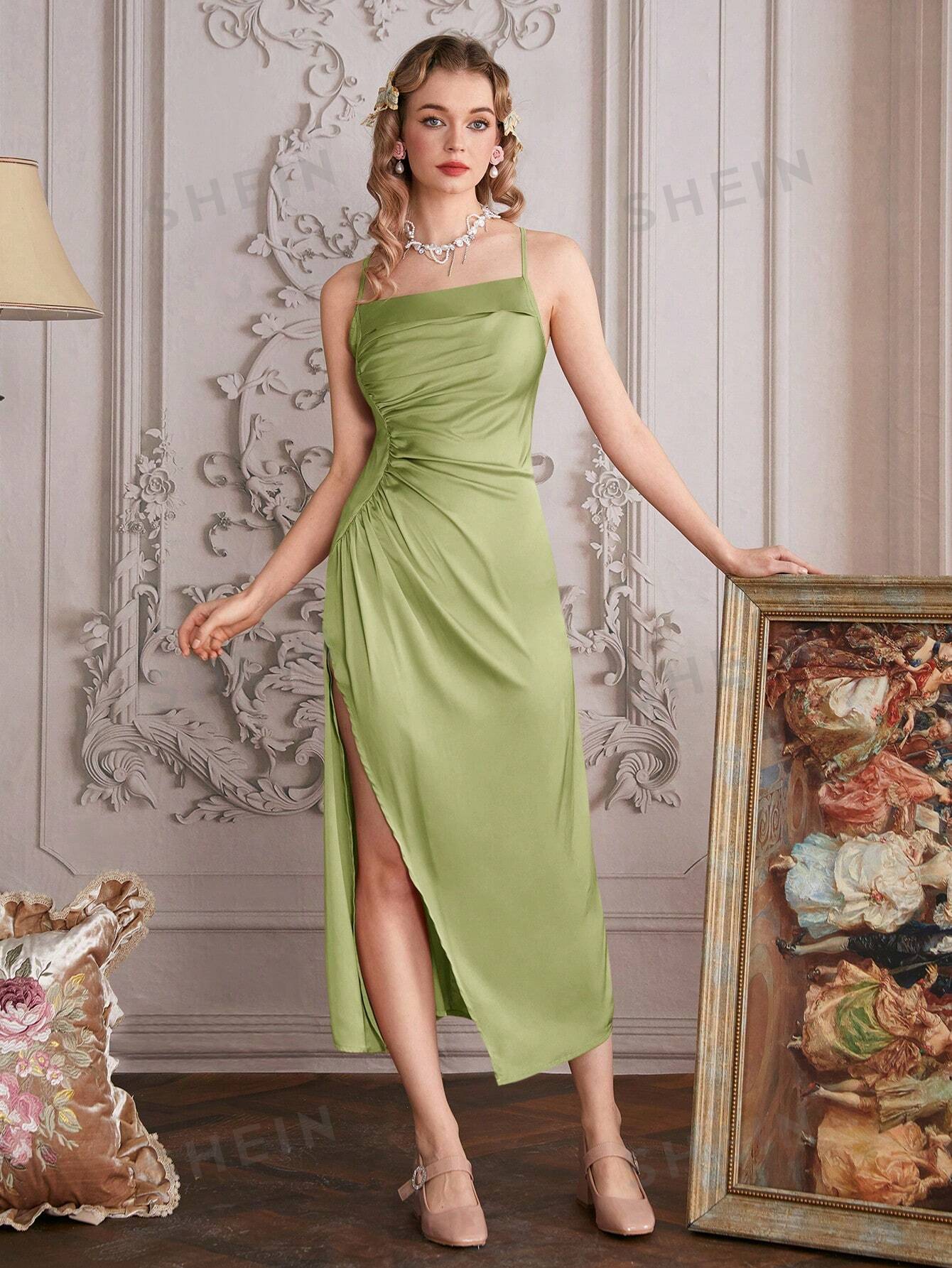 SHEIN MOD Женское розовое платье-комбинация с романтическим принтом роз, зеленый