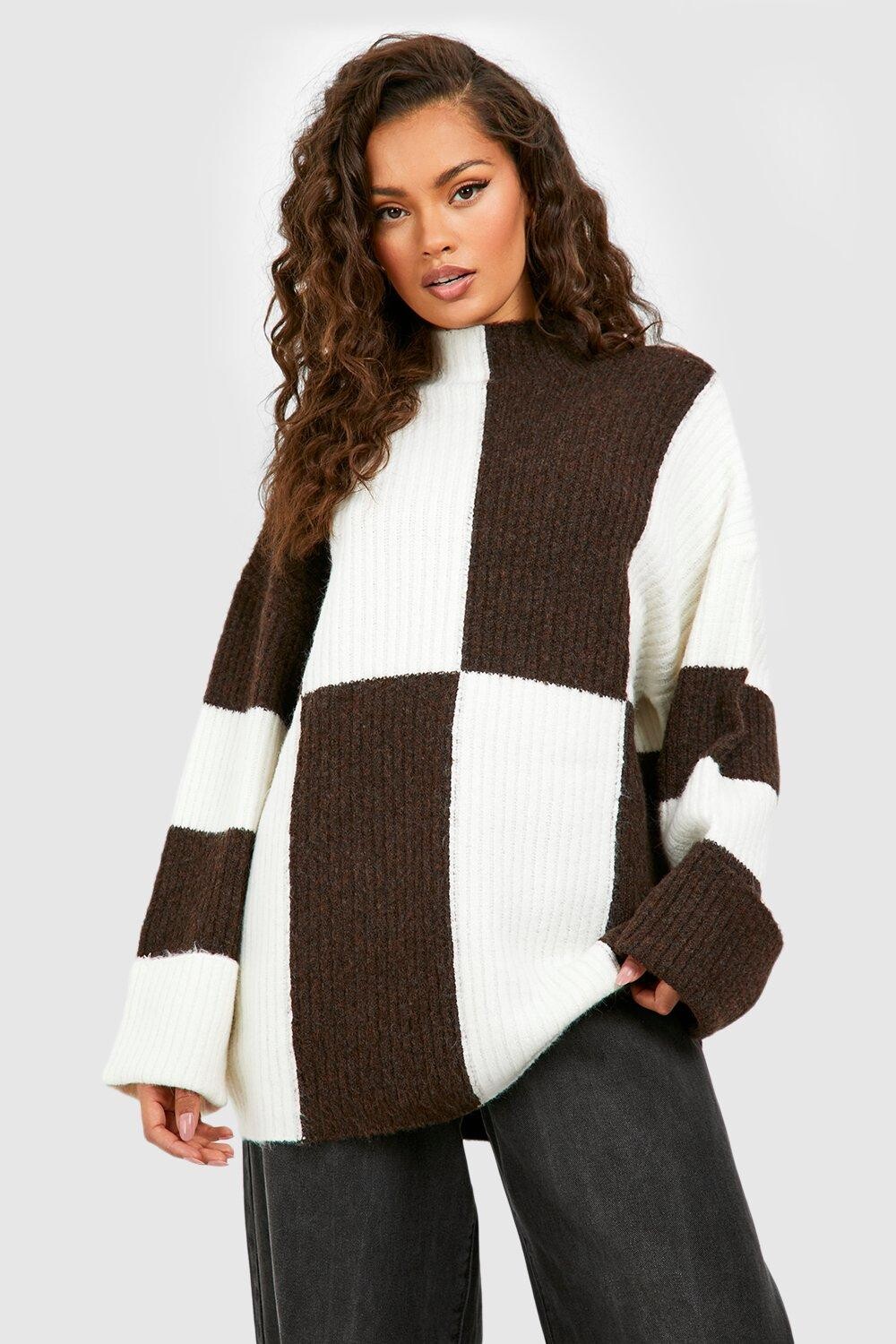 

Свитер с высоким воротом color block Boohoo, шоколадный, Коричневый