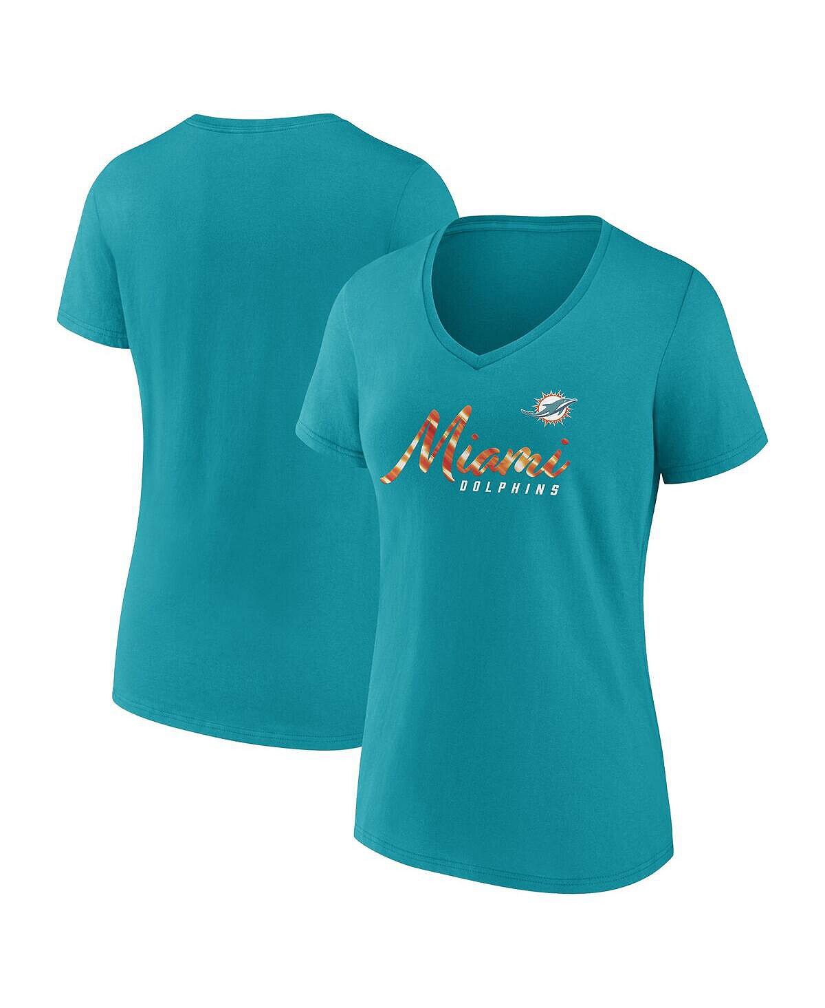 

Женская футболка с v-образным вырезом и фирменным логотипом Aqua Miami Dolphins Shine Time Fanatics