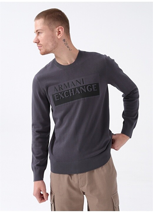 

Однотонный серый мужской свитер с круглым вырезом Armani Exchange