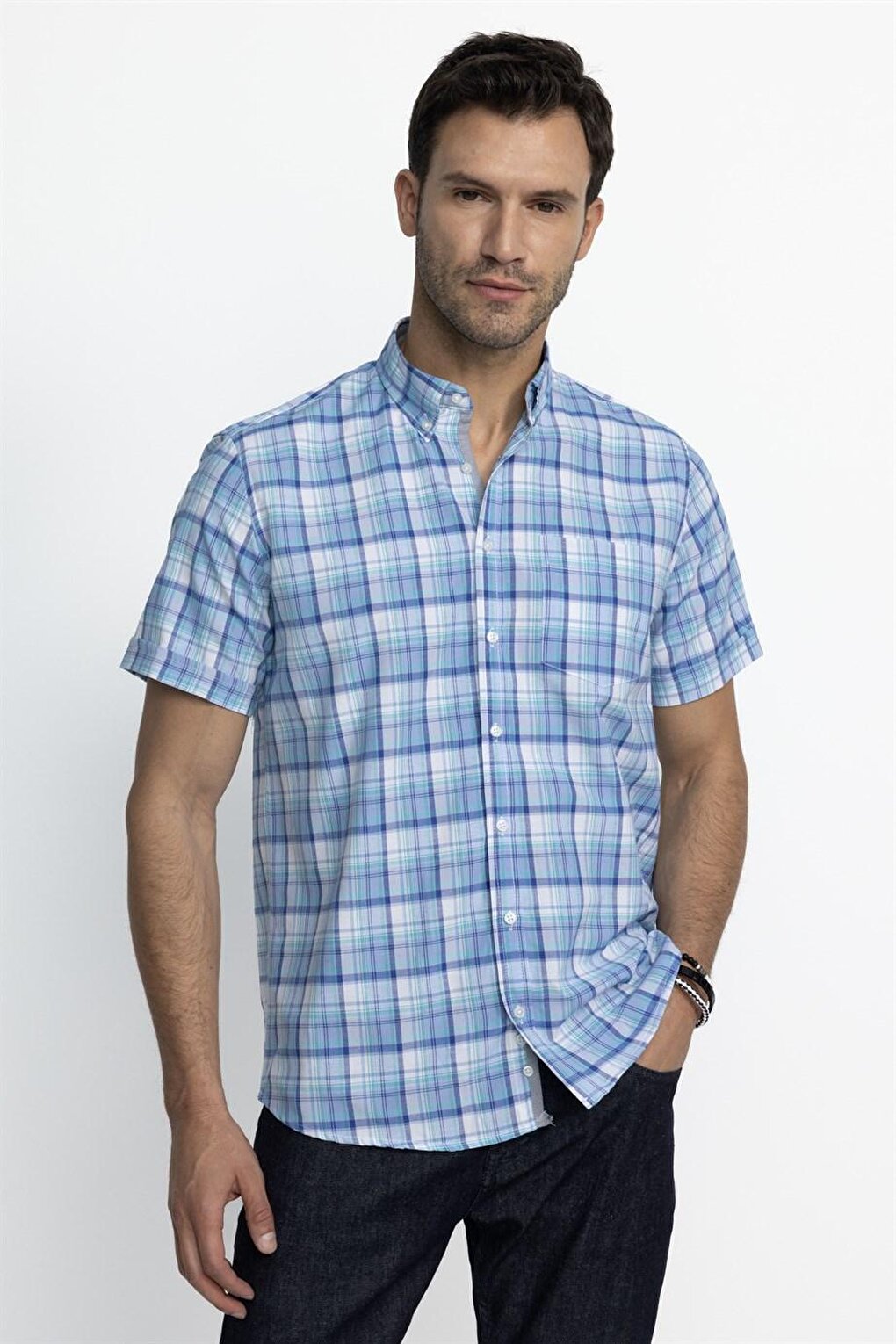 Классическая мужская красочная рубашка с коротким рукавом и клетчатым воротником на пуговицах TUDORS цена и фото