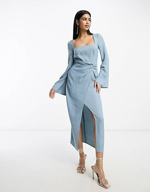 

Синее джинсовое платье миди с квадратным вырезом и рифлеными рукавами ASOS DESIGN