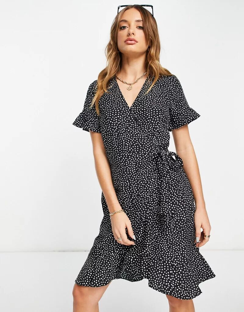 

Черное мини-платье с запахом Vero Moda в белый горошек