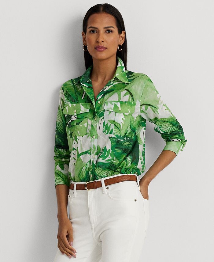

Женская рубашка из хлопковой вуали с принтом Palm Frond Lauren Ralph Lauren, зеленый