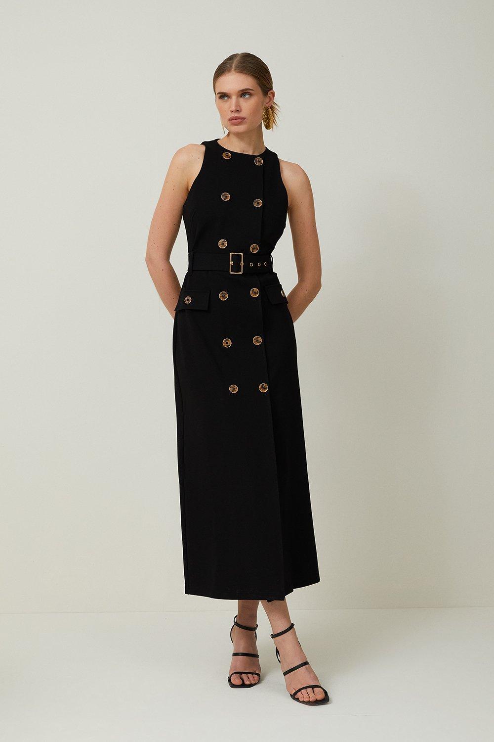 Платье миди с поясом и пуговицами Ponte Karen Millen, черный