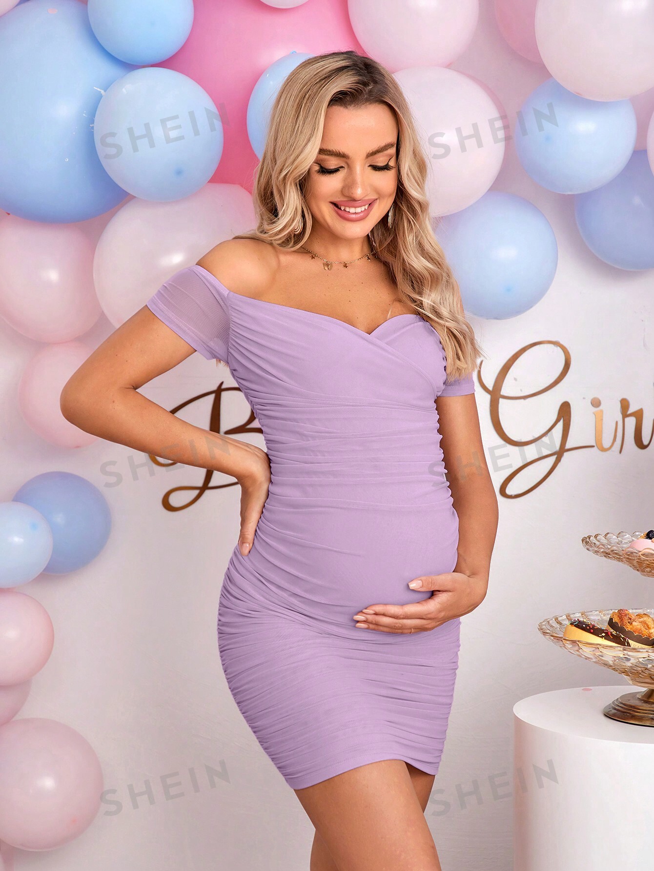 цена SHEIN Однотонное облегающее модное платье для беременных с открытыми плечами, сиреневый фиолетовый
