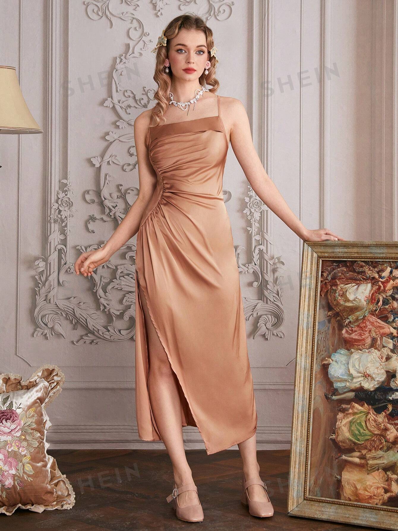 SHEIN MOD Женское розовое платье-комбинация с романтическим принтом роз, абрикос мини платье annorlunda с открытой спиной рюшами и корсажем
