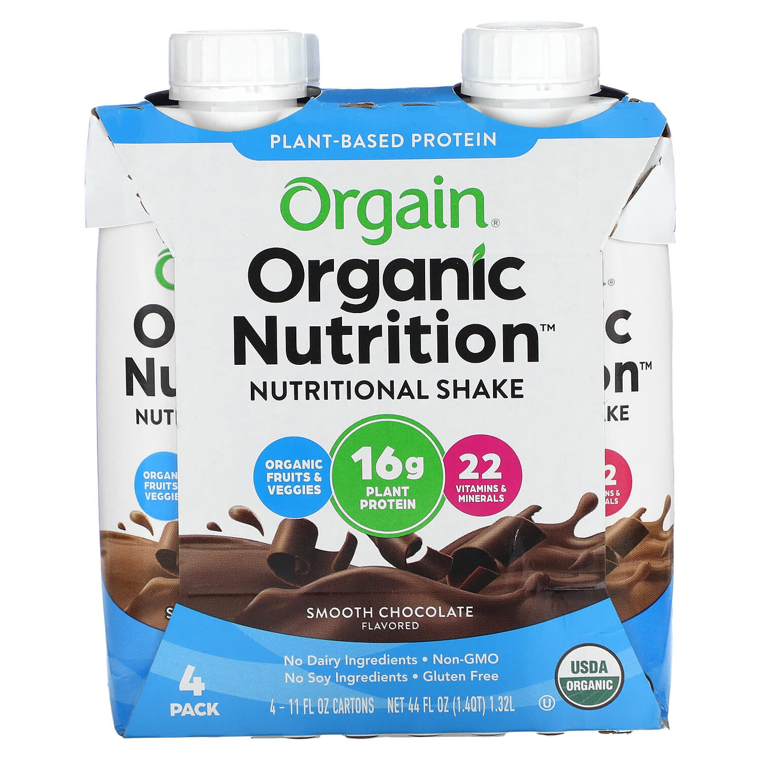 

Organic Nutrition, питательный коктейль, гладкий шоколад, 4 пакетика по 330 мл (11 жидк. Унций), Orgain