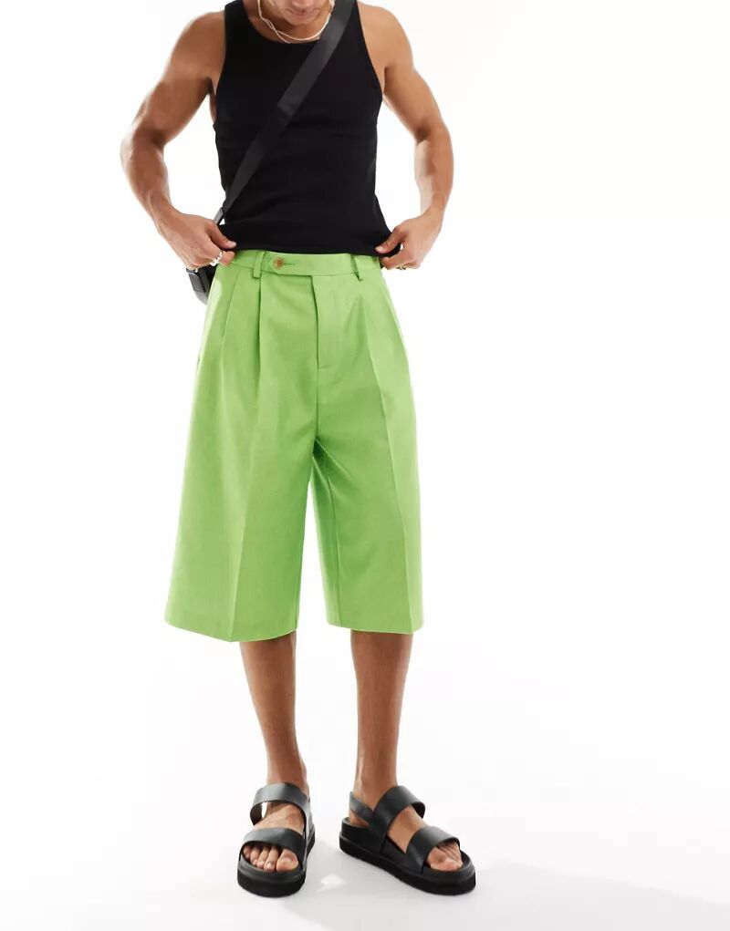Элегантные длинные шорты из смесового льна ASOS ярко-зеленого цвета