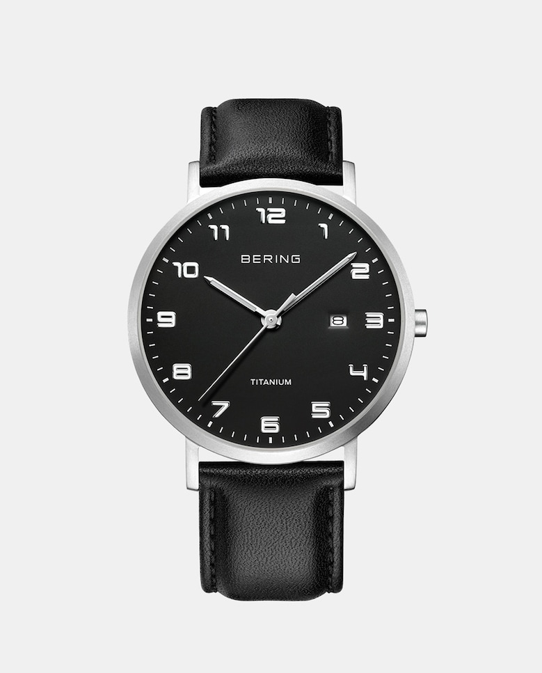 Титановые 18640-402 черные кожаные мужские часы Bering, черный