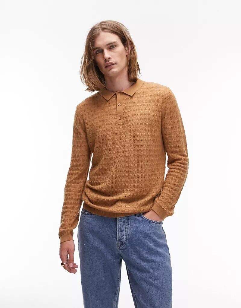 

Коричневая рубашка-поло структурированного трикотажа с длинными рукавами Topman