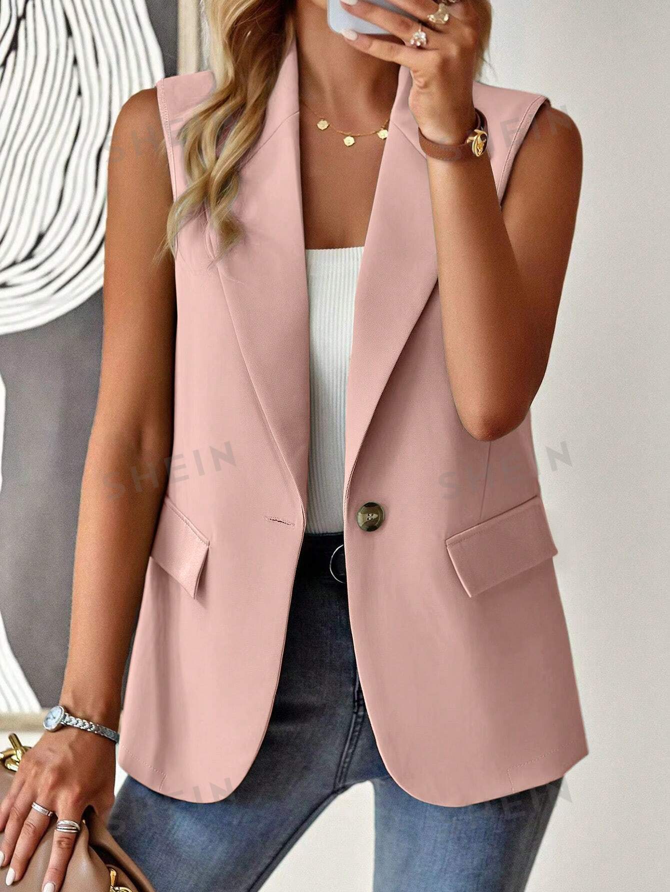 цена SHEIN Frenchy женский однотонный пиджак в стиле жилета с зубчатыми лацканами, розовый