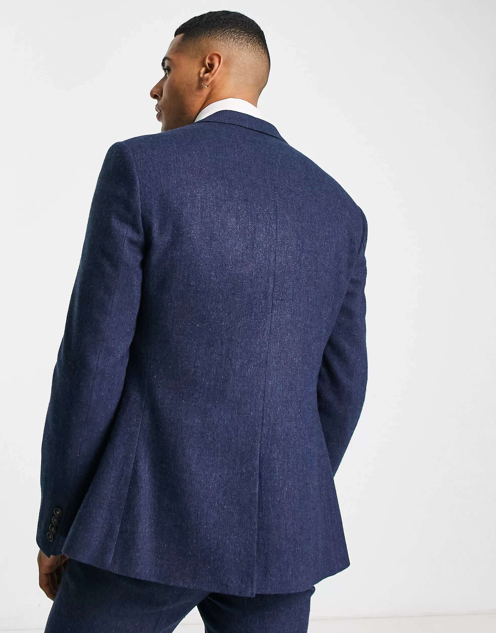 Свадебный пиджак скинни из смесовой шерсти ASOS в плетении корзинчатого цвета цвета индиго