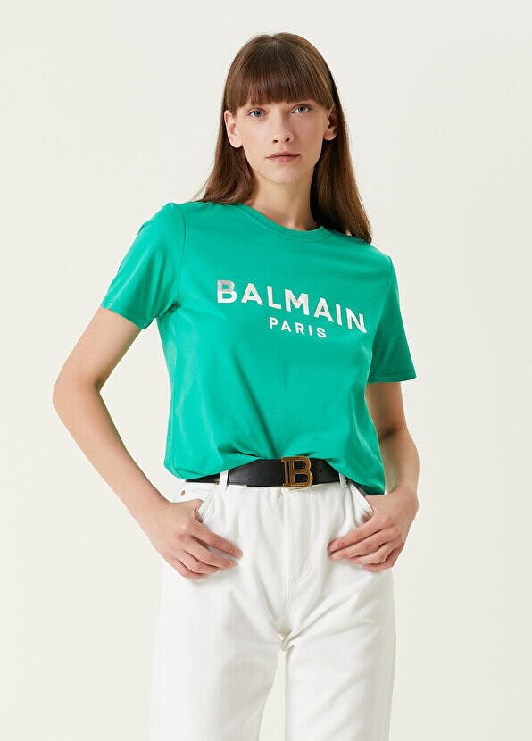 

Зеленая футболка с круглым вырезом и логотипом Balmain, Зеленый