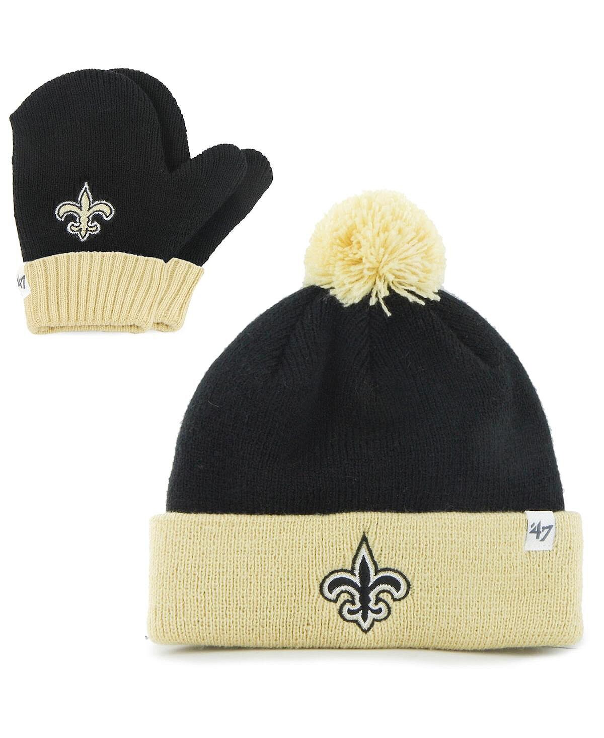 

Комплект унисекс черно-золотой вязаной шапки New Orleans Saints Bam Bam с манжетами, помпоном и варежками для малышей '47 Brand