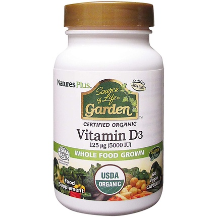 NaturesPlus Source of Life Garden Сертифицированный органический витамин D3 холекальциферол 5000 МЕ, 60 веганских капсул – 30 порций Nature's Plus