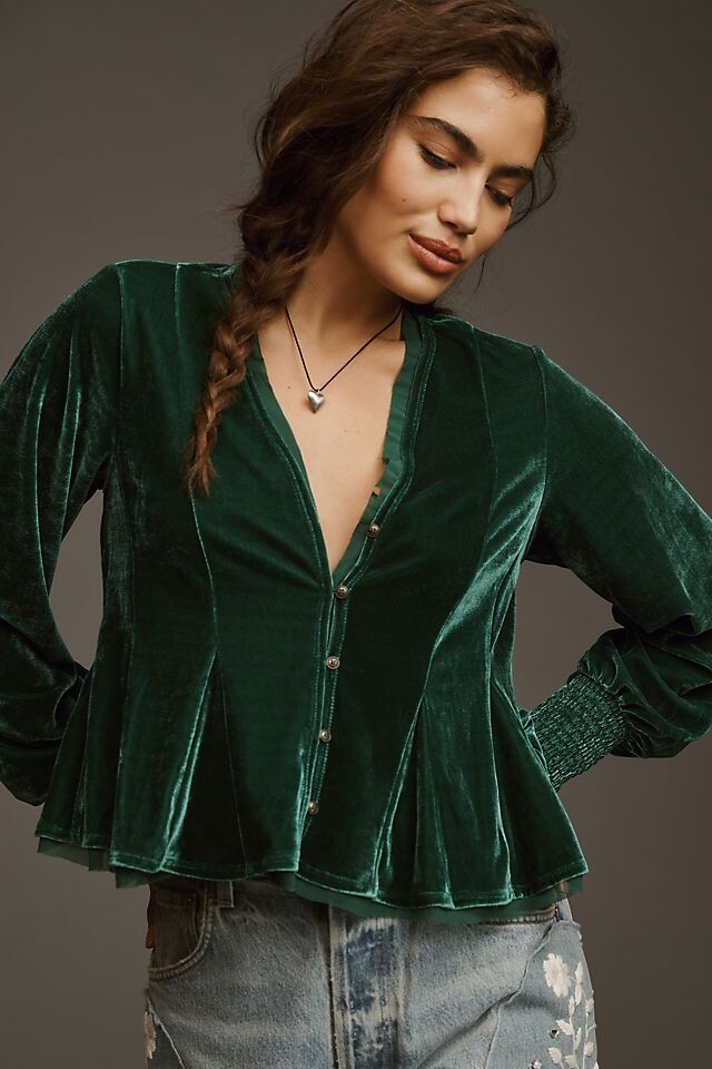 

Блузка Anthropologie Swing бархатная, зеленый