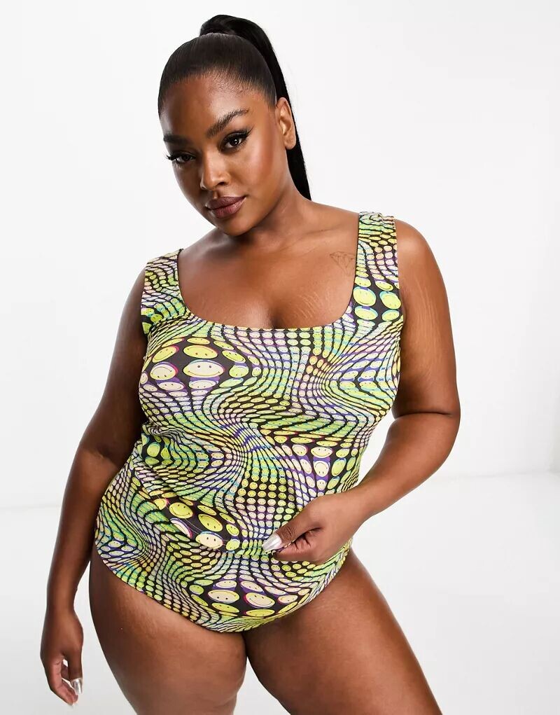 

Цветная вискозная пижама-комбинезон и трусики ASOS DESIGN Curve Smiley Collab