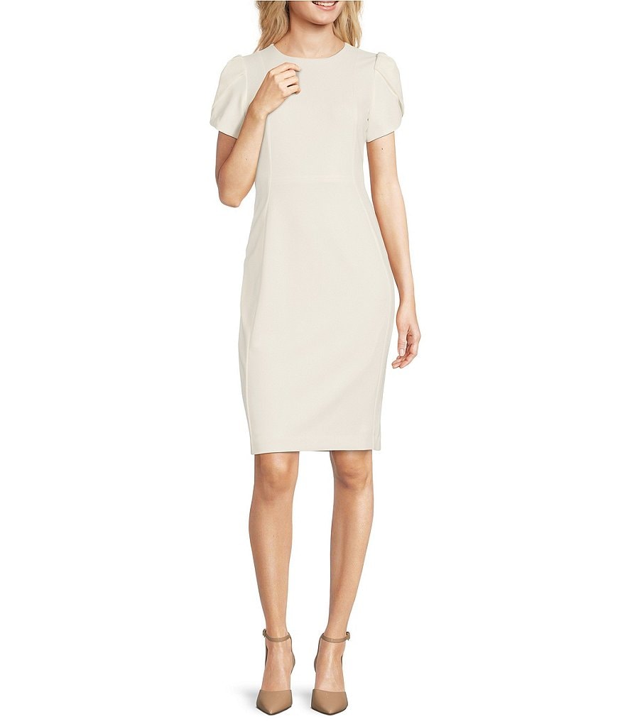 Однотонное эластичное платье-футляр Calvin Klein с круглым вырезом и короткими рукавами-тюльпанами, слоновая кость