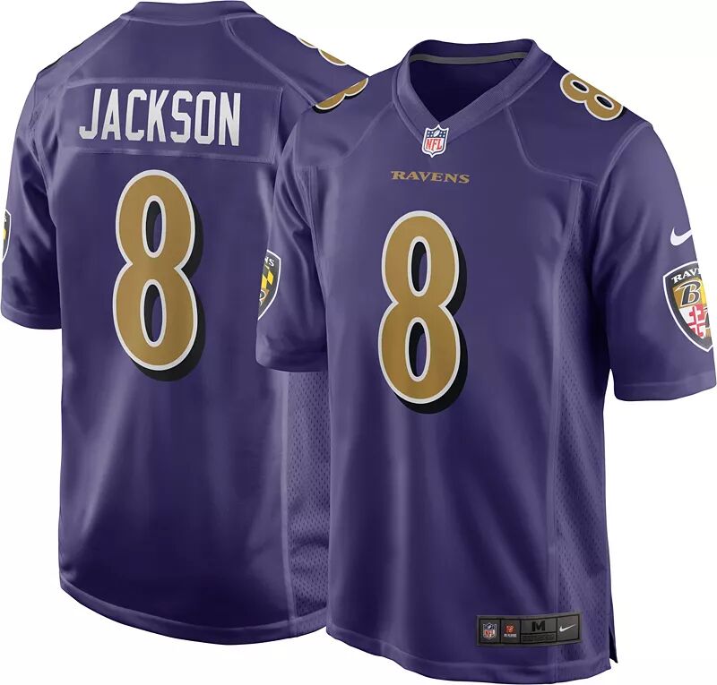 

Мужское джерси Nike Baltimore Ravens Lamar Jackson #8 фиолетового цвета