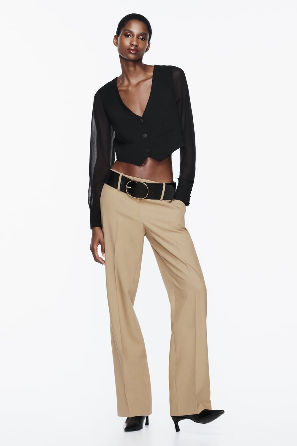 

Укороченный топ с контрастными рукавами ZARA, черный