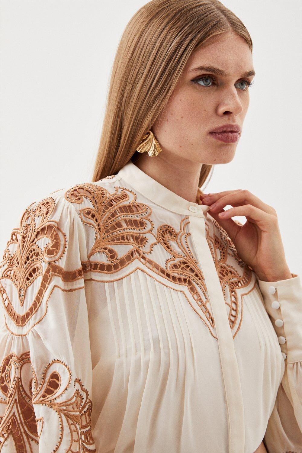 

Тканая блузка с вышивкой ришелье и бисером Karen Millen, белый