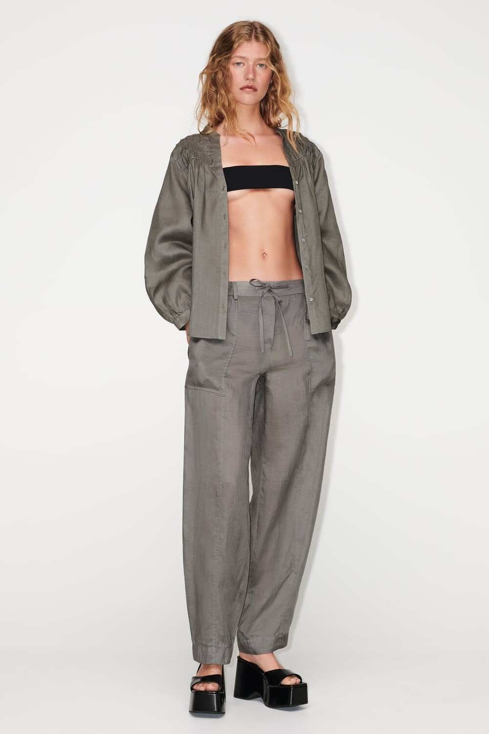 

Рубашка ramie со сборками ZARA, серый