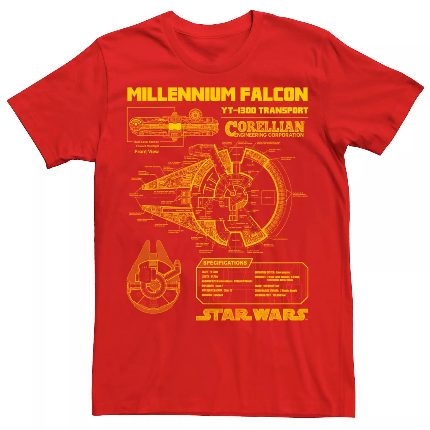 Мужская футболка Millennium Falcon Schematics, Красная Star Wars, красный