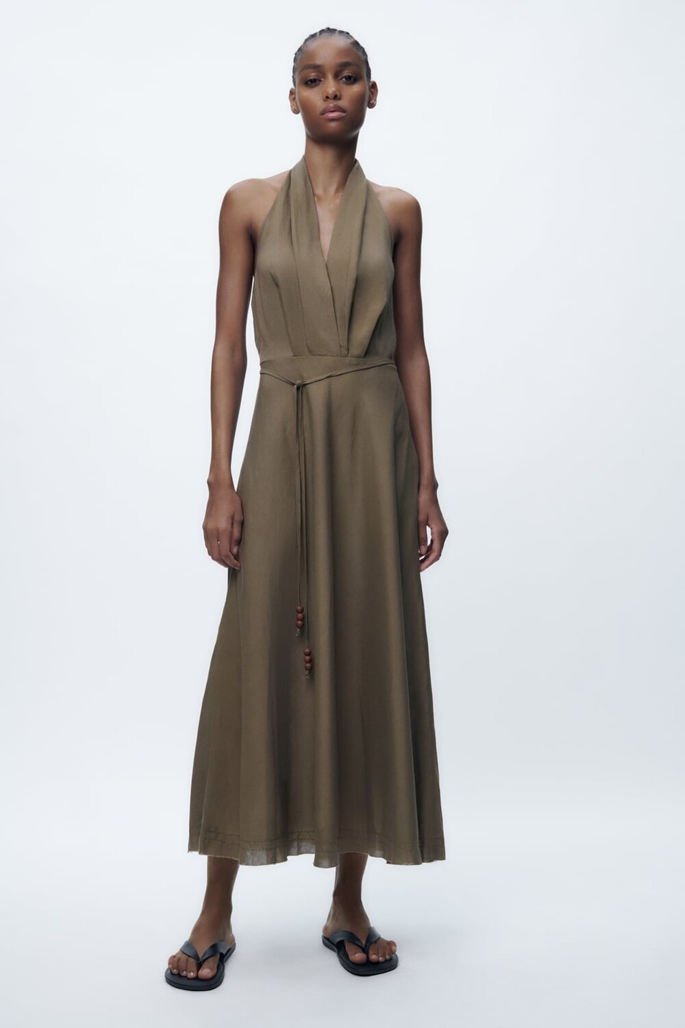 

Платье с вырезом из льна ZARA, хаки
