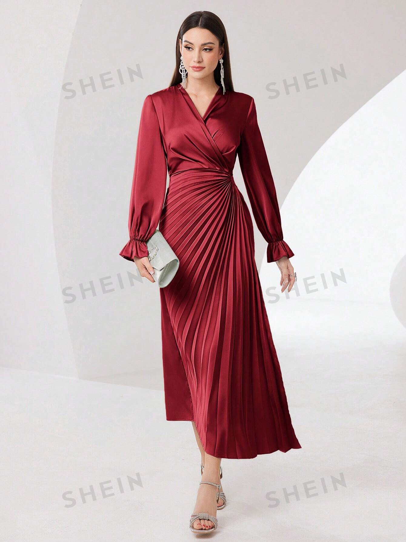 SHEIN Modely женское однотонное плиссированное платье с рюшами и рукавами, красный shein modely женское арабское платье в стиле пэчворк из тканой ленты с бахромой и длинными рукавами пыльный фиолетовый