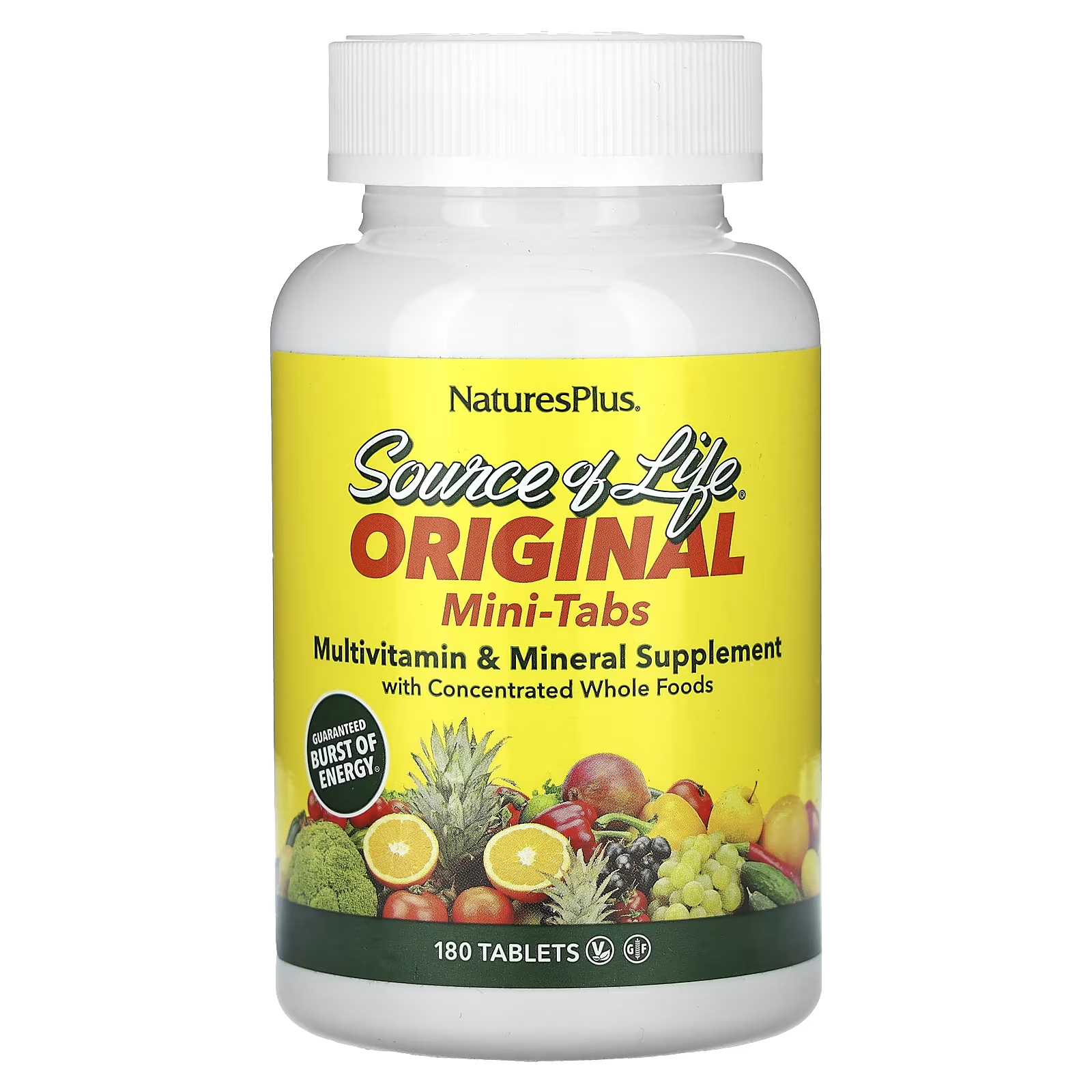 Мультивитаминная и минеральная добавка NaturesPlus Source of Life с концентрированными цельными продуктами, 180 таблеток